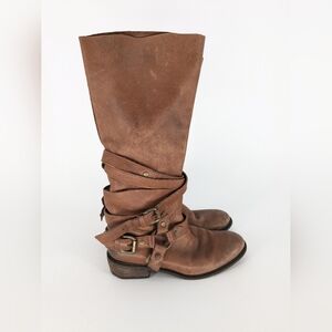 Vintage Brown Italian Leather Harness Moto Boots Buckle Strappy Size 38.5